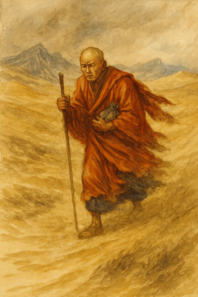 ・玄奘は生死を分けたゴビ砂漠を必死な形相で歩く、必死に足を進める、インドへの聖なる道なき道を!