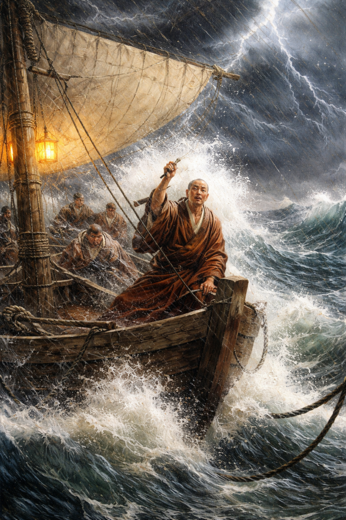 西暦804年。
遣唐船 第1船。
若き空海は、
命を懸けて海へ出た。
その目的はただ一つ。
「真理を日本へ持ち帰ること。」
しかし――
海は牙をむいた。

暴風。
雷鳴。
船体は裂けんばかりに揺れる。
誰もが死を覚悟した。その時。
一人の僧が立ち上がる。
恐怖の中で、
彼は叫ばなかった。
祈った。嵐が、割れた。
怒涛は静まり、
船は奇跡的に進路を保った。
生き残ったのは――
偶然か、必然か！。あの嵐がなければ、
密教は日本に届かなかった!
人生の嵐も、
時に「使命の門」かもしれない。
あなたの嵐は、
何を運んでいますか?
🌿 天明山不動堂